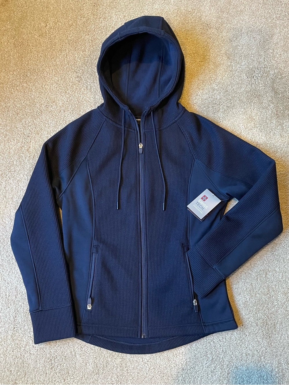Swiss Tech Fleece Lined Waffle Knit Women's Navy Full-Zip Hooded Bomber Jacket